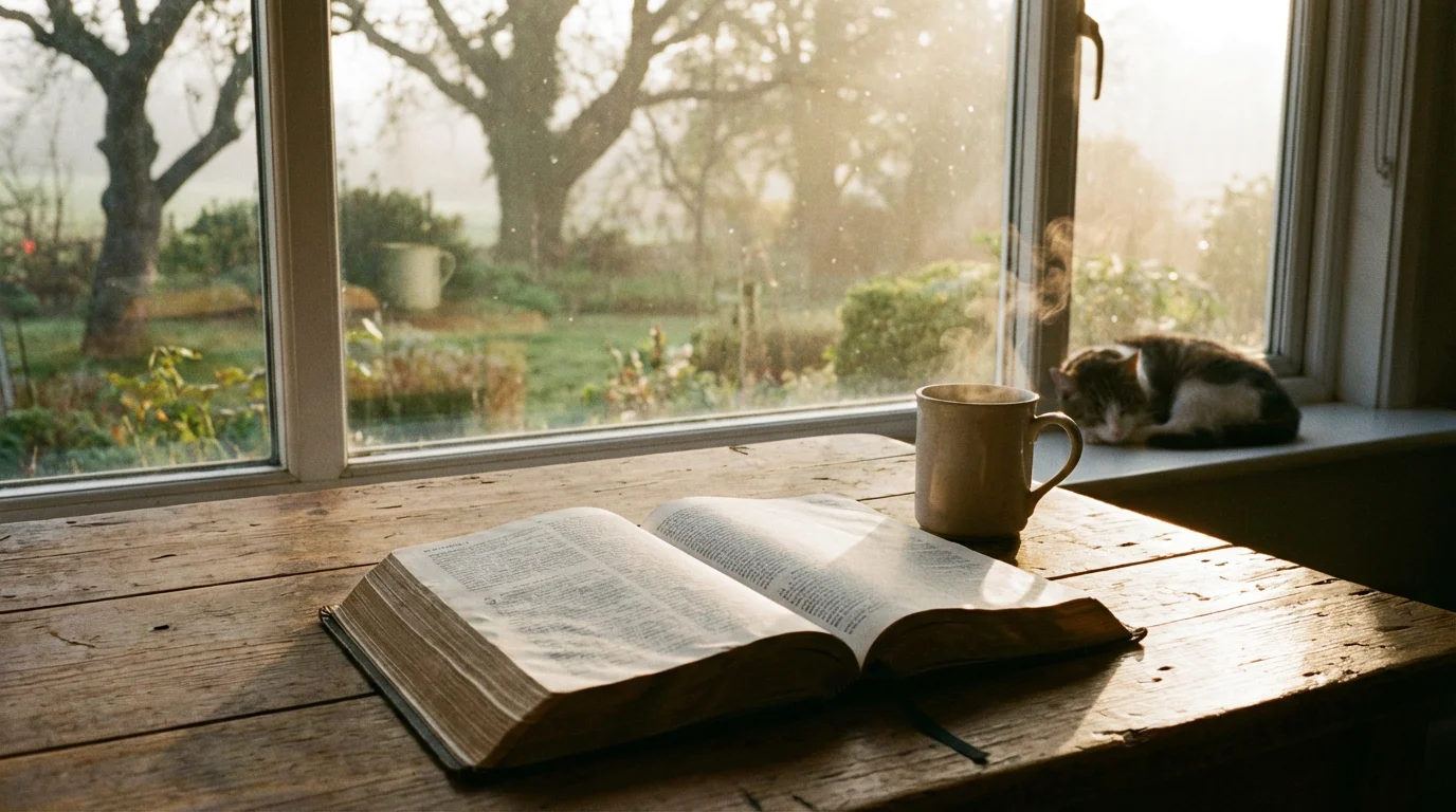 Open Bible by a window with morning light and a warm mug.