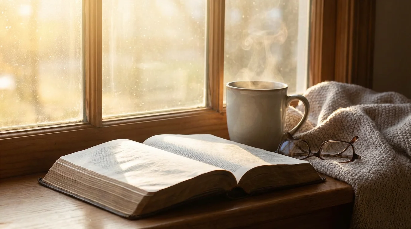 An open Bible by a window in the early morning light with a steaming mug.