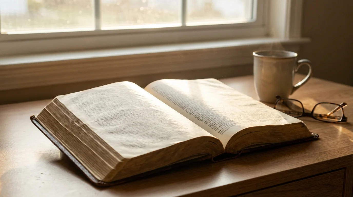 An open Bible with notes on a sunlit desk suggesting quiet study.