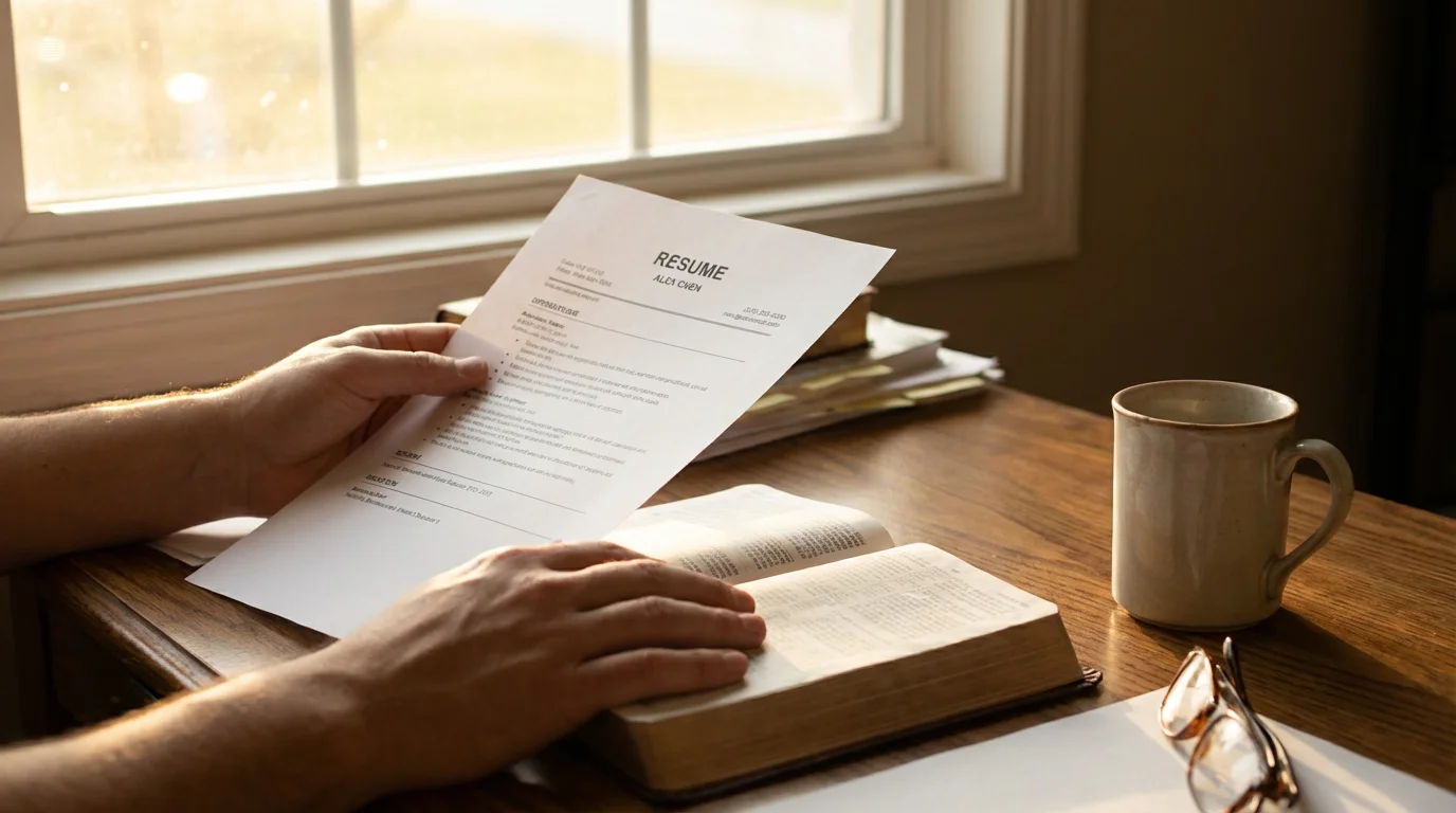 Hands at a quiet desk with a resume, journal, and open Bible in morning light.