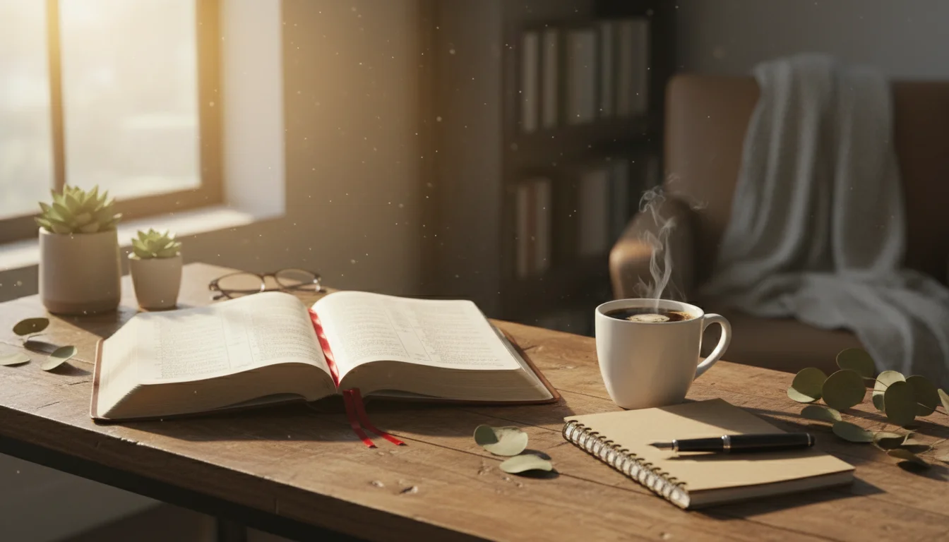 A calm early-morning workspace with an open Bible, notebook, and coffee by a sunlit window.