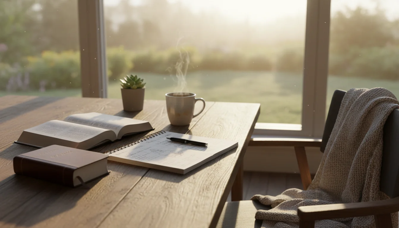 A calm early-morning workspace with a journal and Bible open for prayer.