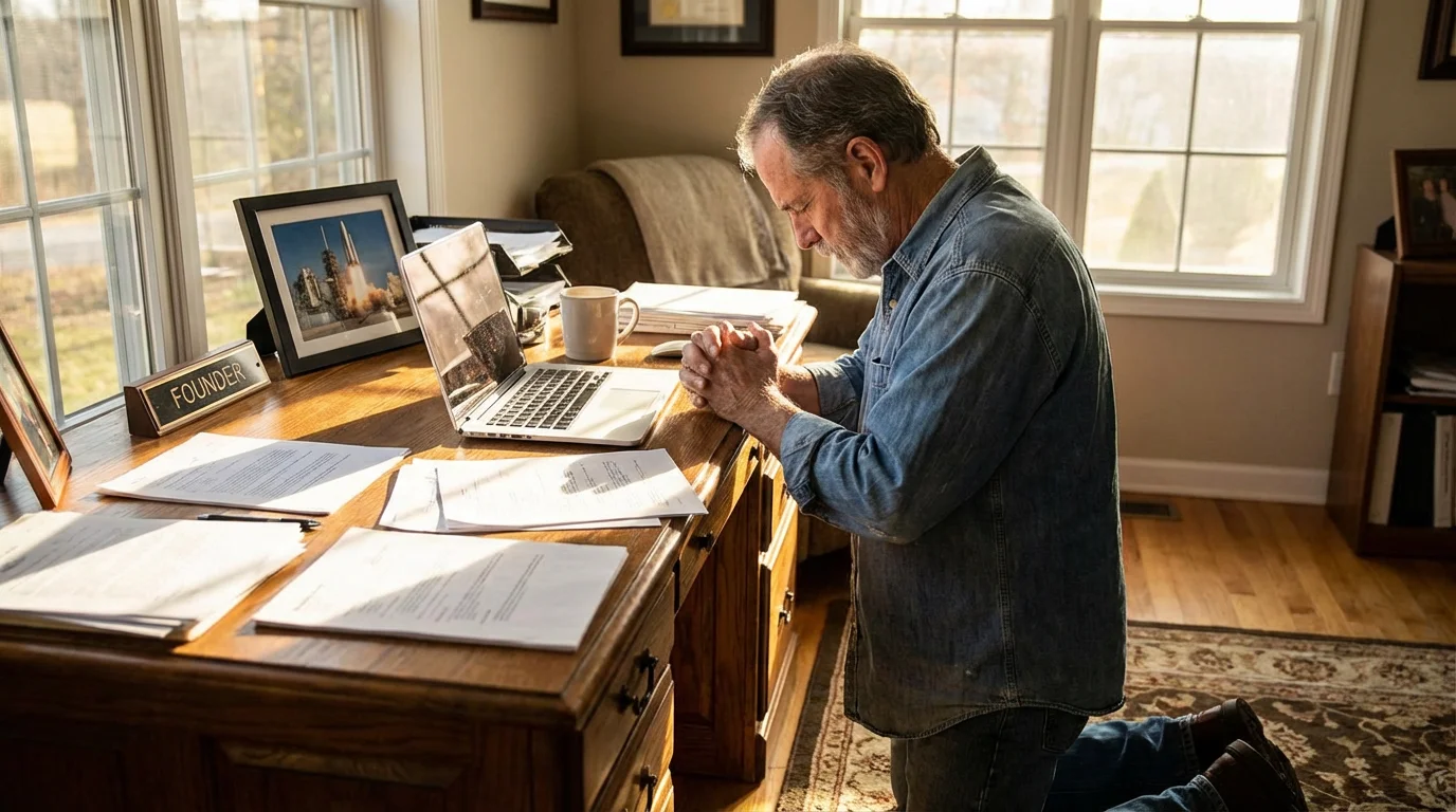 A calm morning workspace where a founder prays and plans before starting the day.