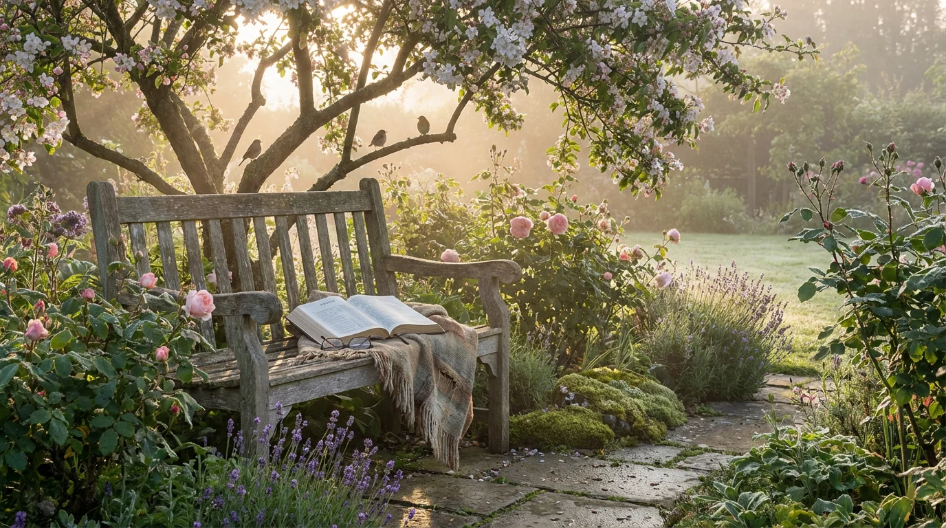 A peaceful garden at dawn with an open Bible on a bench, inviting prayer.