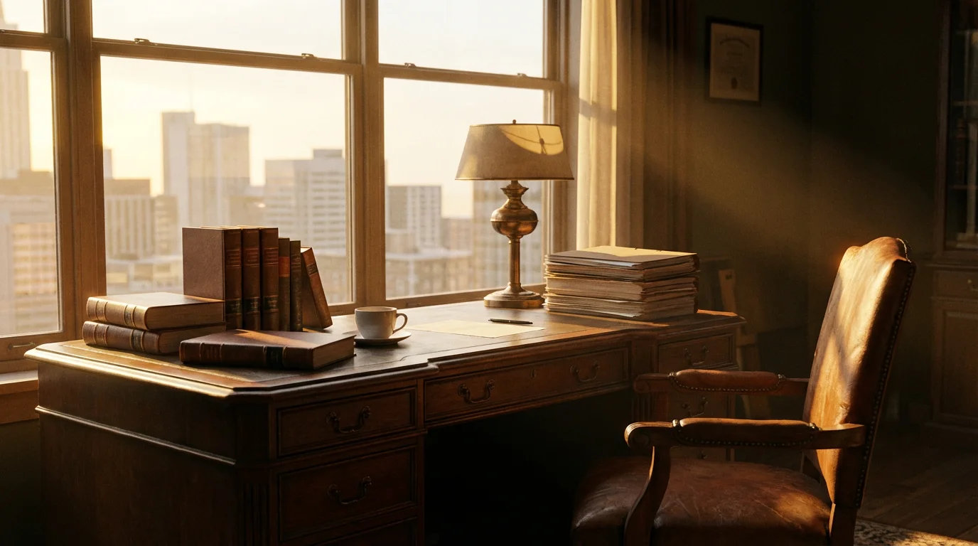 A calm early-morning law office desk prepared for thoughtful work.