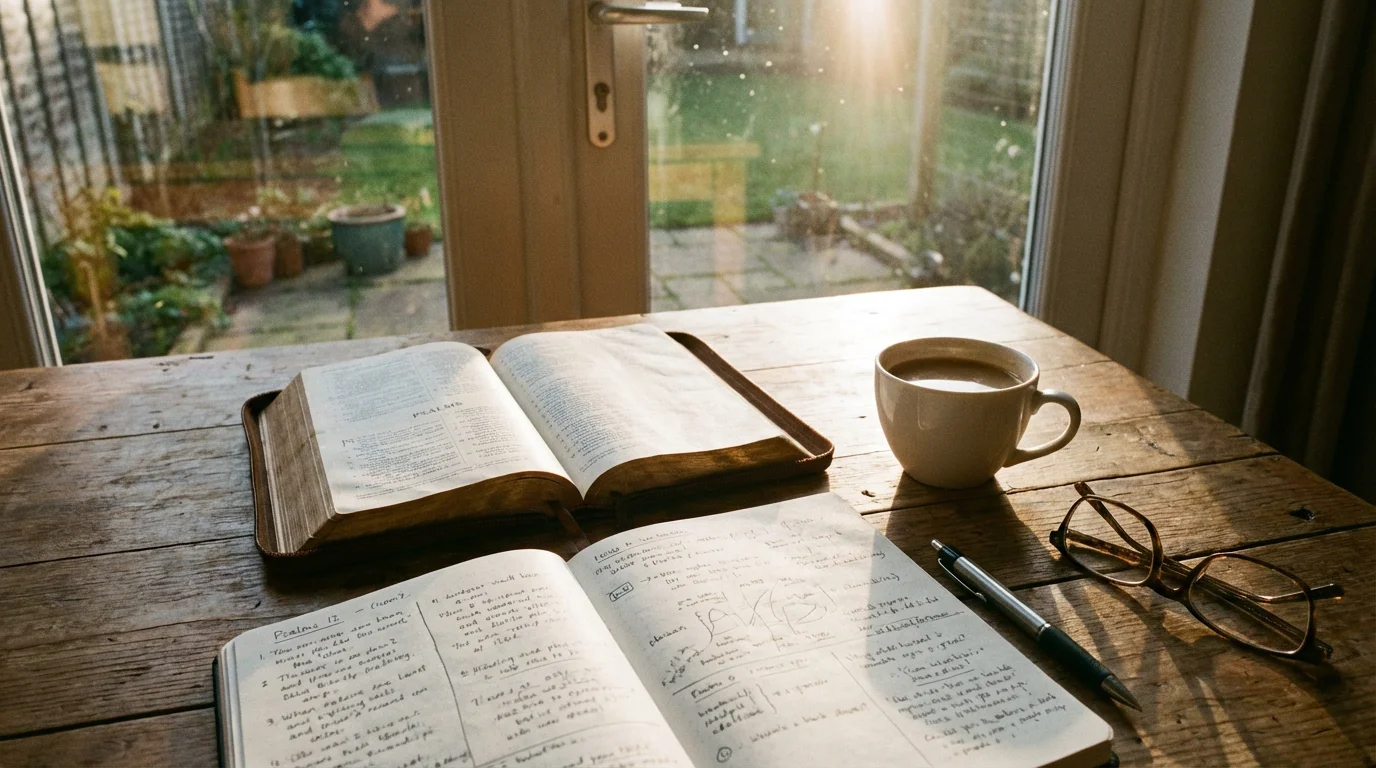 Quiet morning light over an open Bible and notebook on a wooden desk.