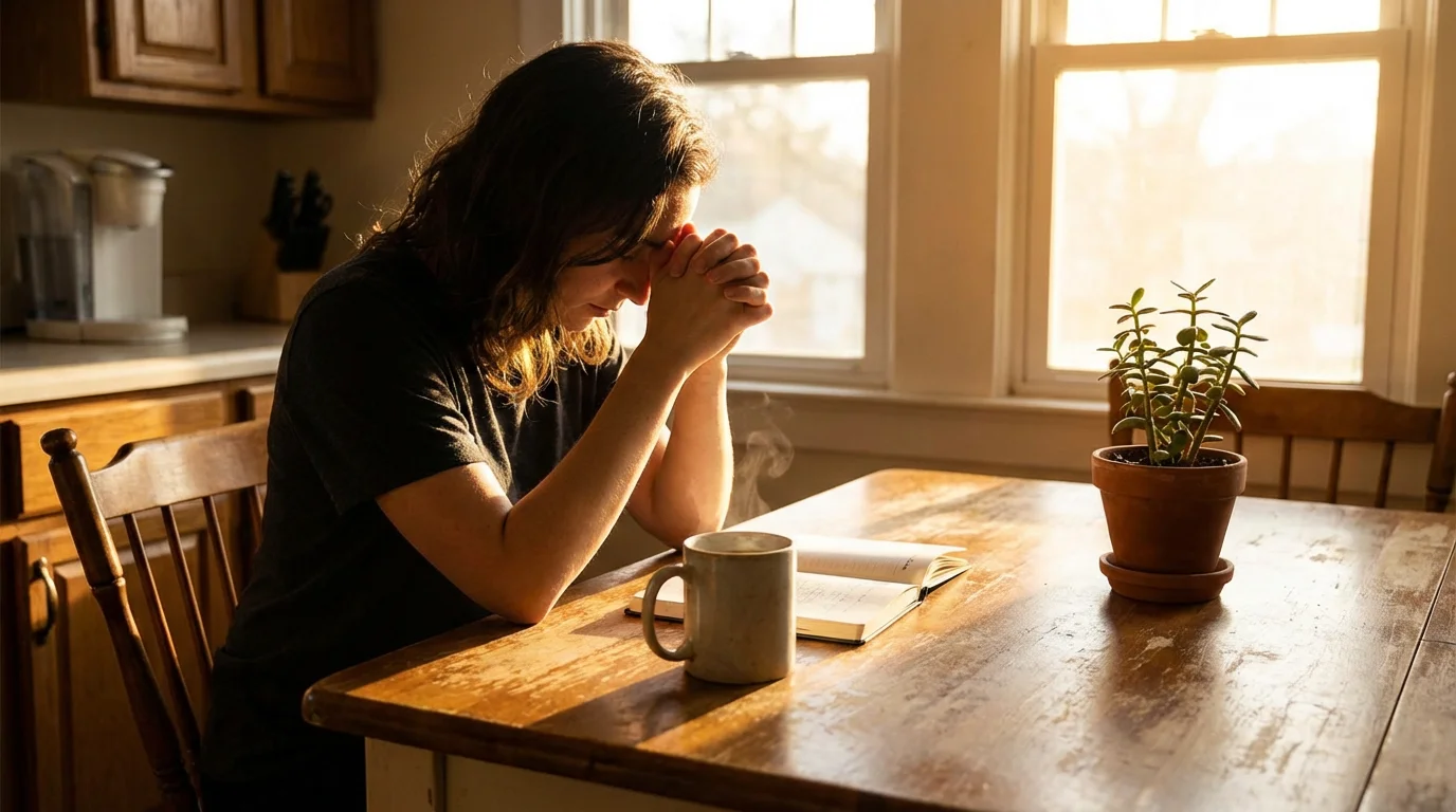 Morning light over a kitchen table set for quiet prayer and reflection.