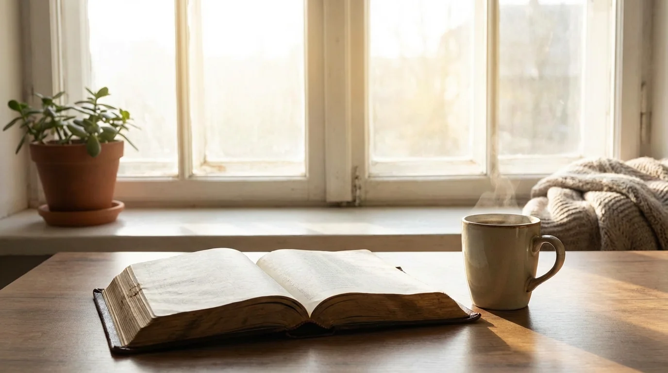 An open Bible and coffee by a sunlit window invite quiet reflection.