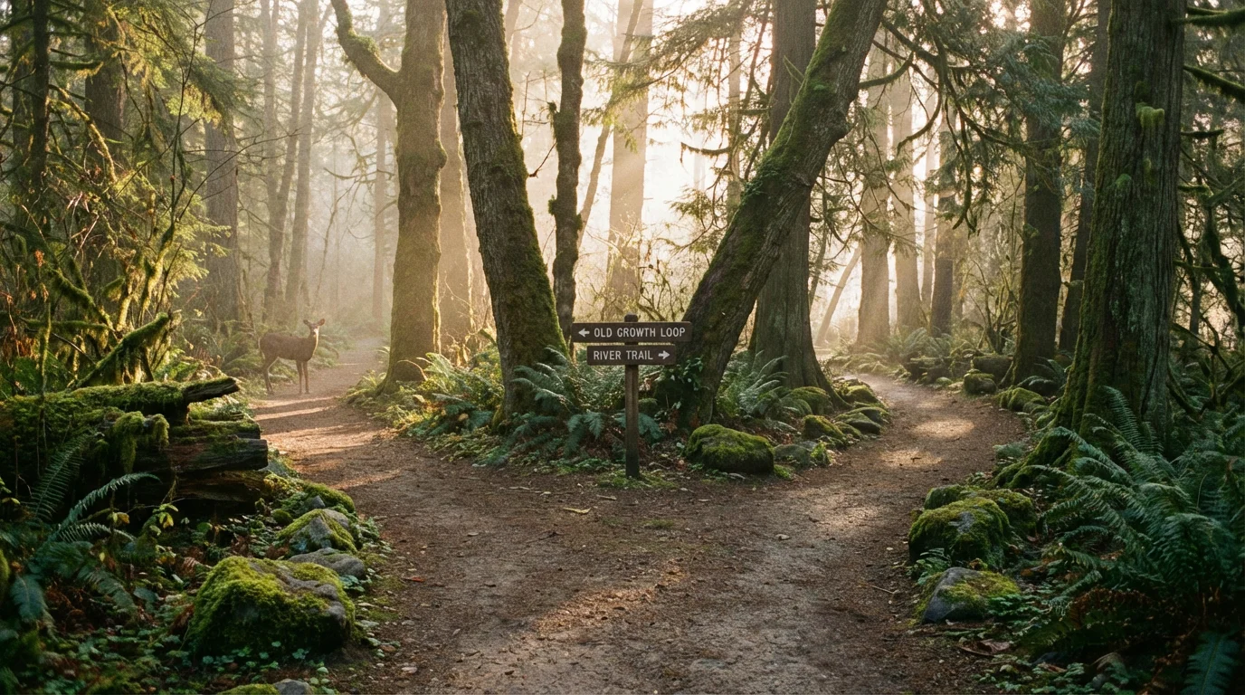 A peaceful forest path at dawn with a gentle fork in the trail.