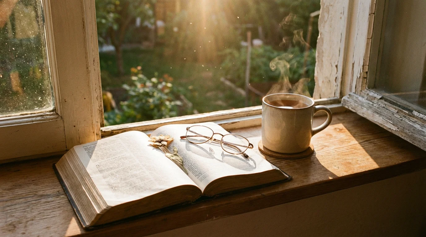 An open Bible by a sunlit window with a warm mug nearby.