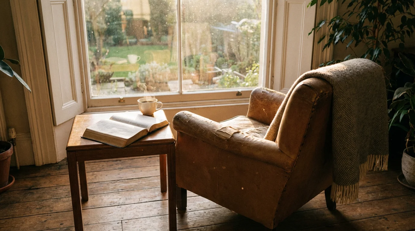 A quiet morning chair by a window with an open Bible and warm light.