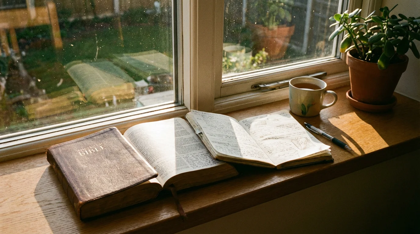 A peaceful morning setup with a Bible and journal near a sunlit window.