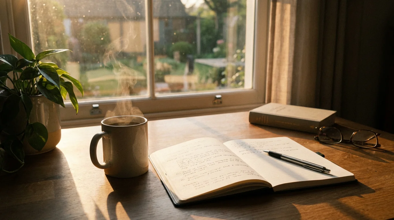 A quiet morning writing desk with a mug, notebook, and dawn light.