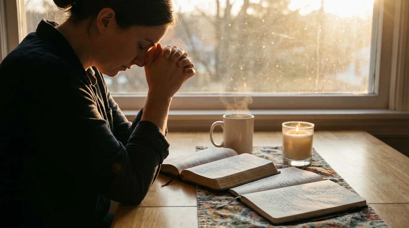A quiet morning prayer setting with an open Bible, journal, and warm light.