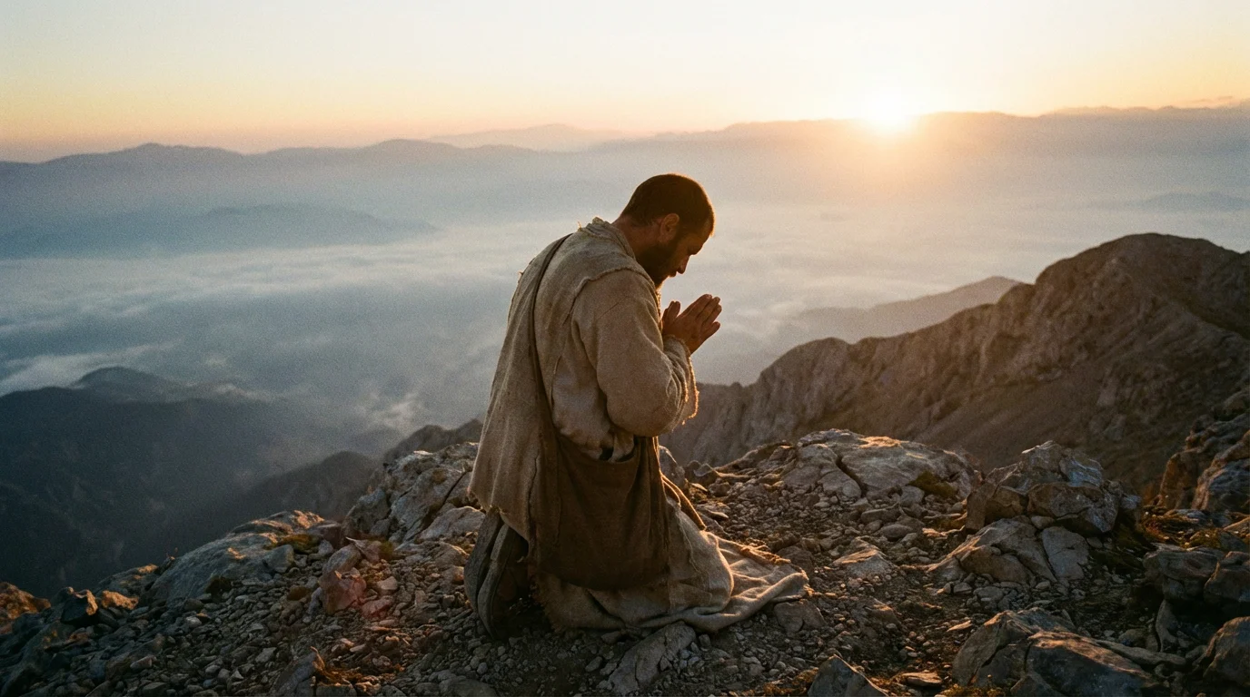 A solitary figure at dawn on a mountain ridge, listening in quiet prayer.