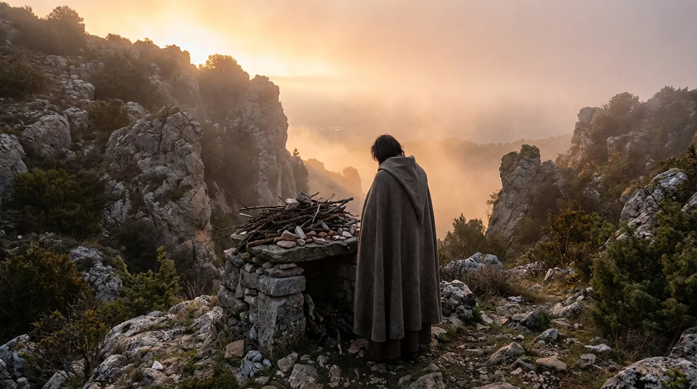 A quiet dawn scene on a rocky hillside with a simple altar and a cloaked figure.