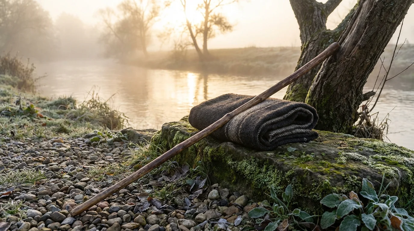 A quiet dawn by the riverbank with a mantle and staff near the water.