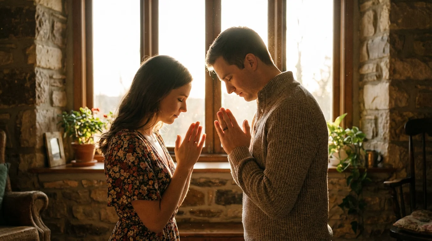An engaged couple holding hands in prayer by a sunlit window.