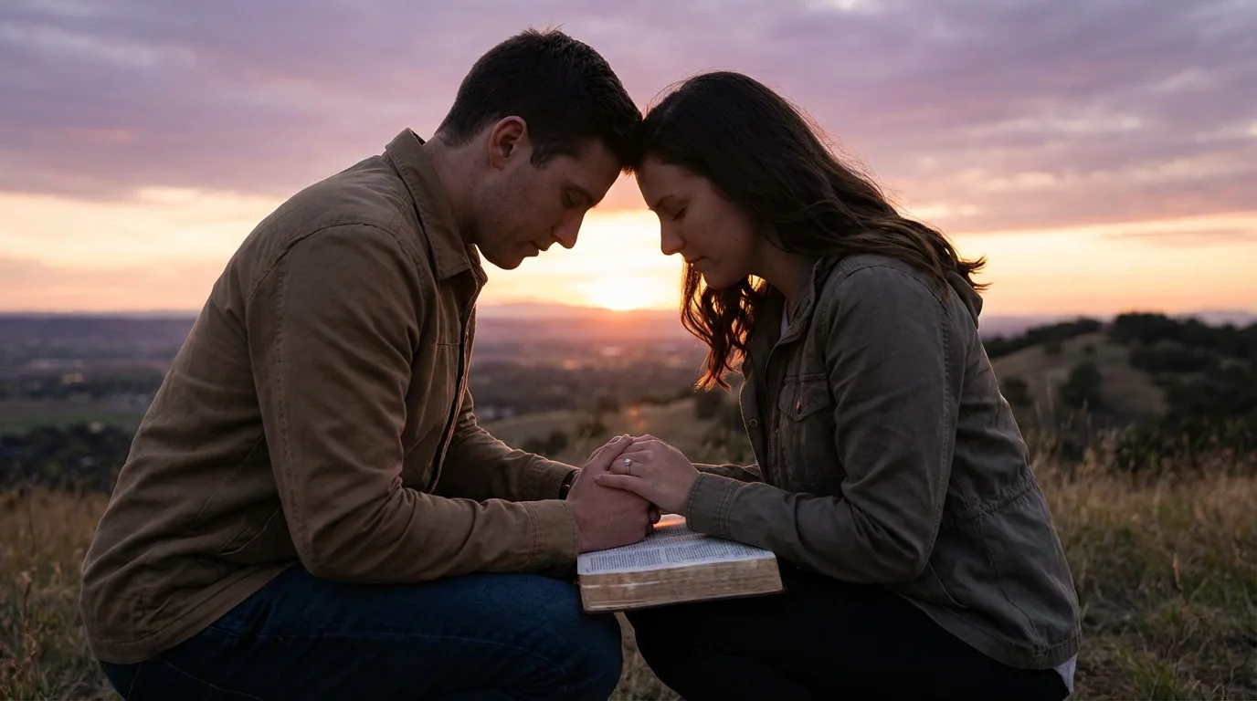 Engaged couple praying together at dusk with an open Bible.