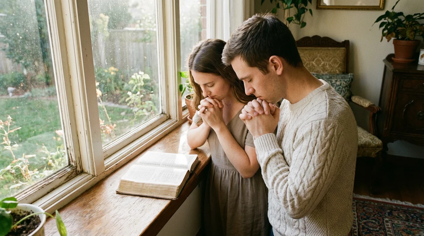 Engaged couple praying together by a window with an open Bible.