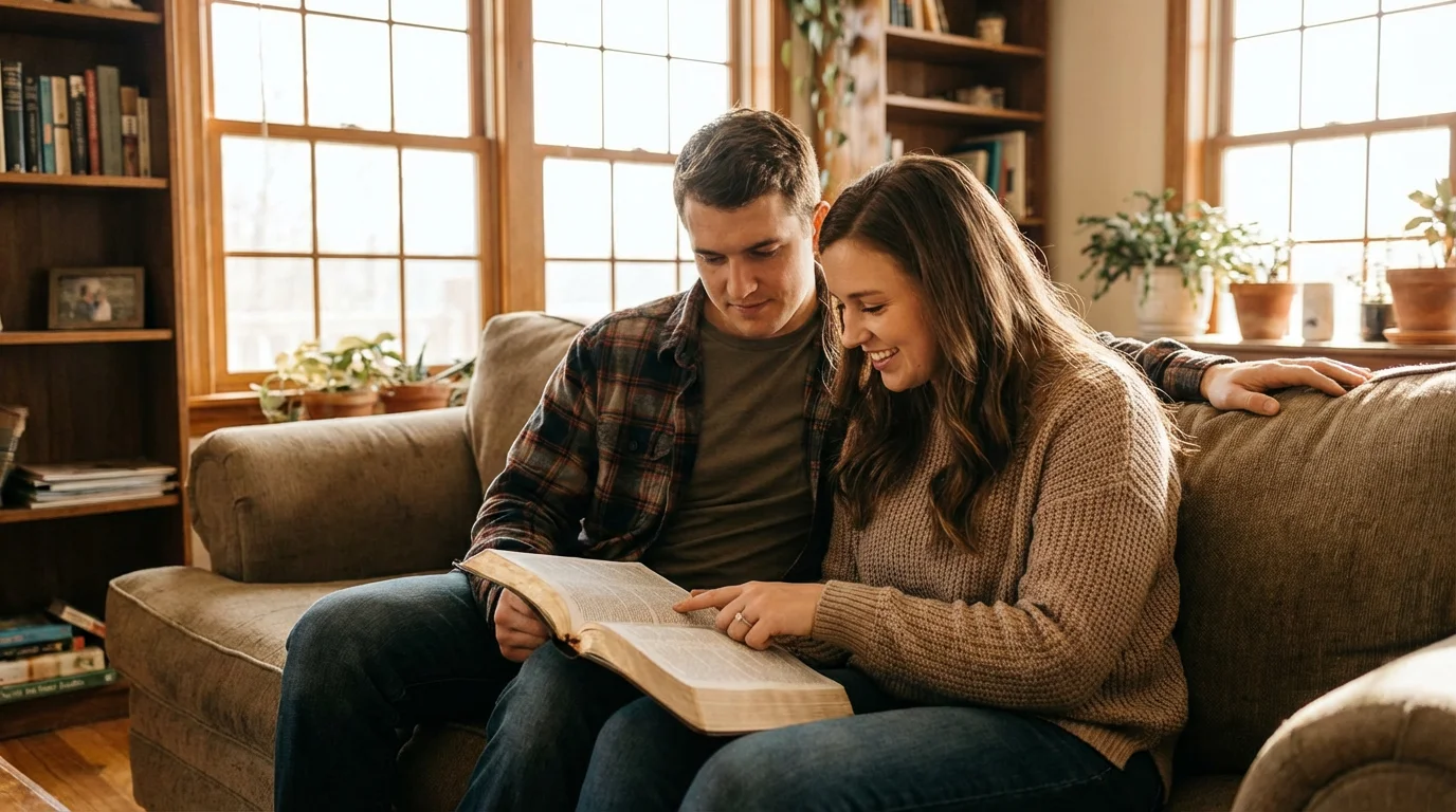 An engaged couple reads the Bible together in a sunlit living room.