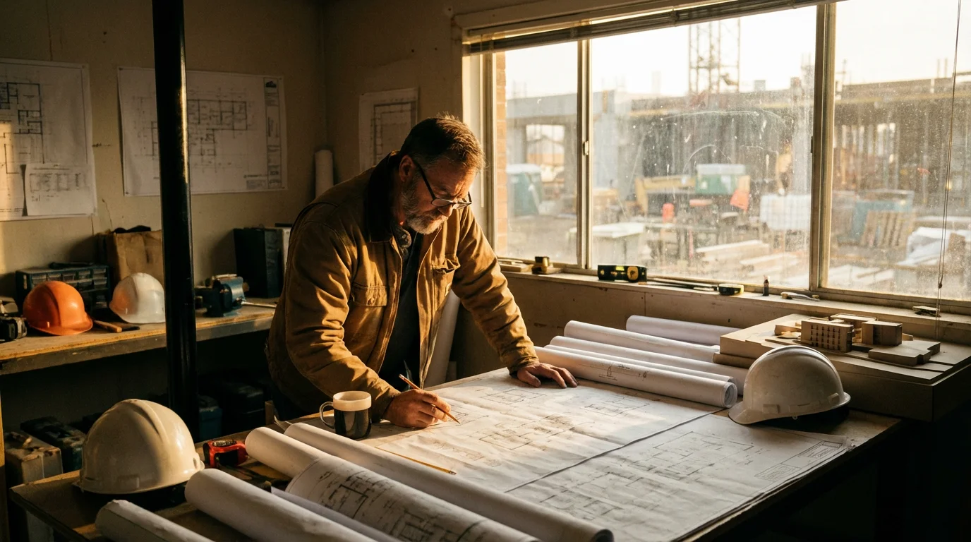 An engineer studies blueprints in morning light, preparing careful work.