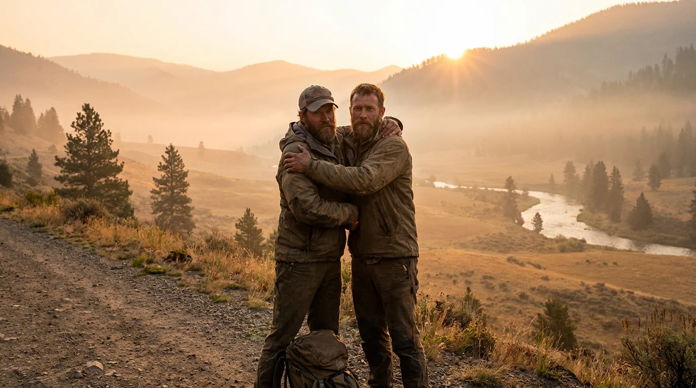 At dawn in a quiet valley, two estranged brothers draw near to embrace.