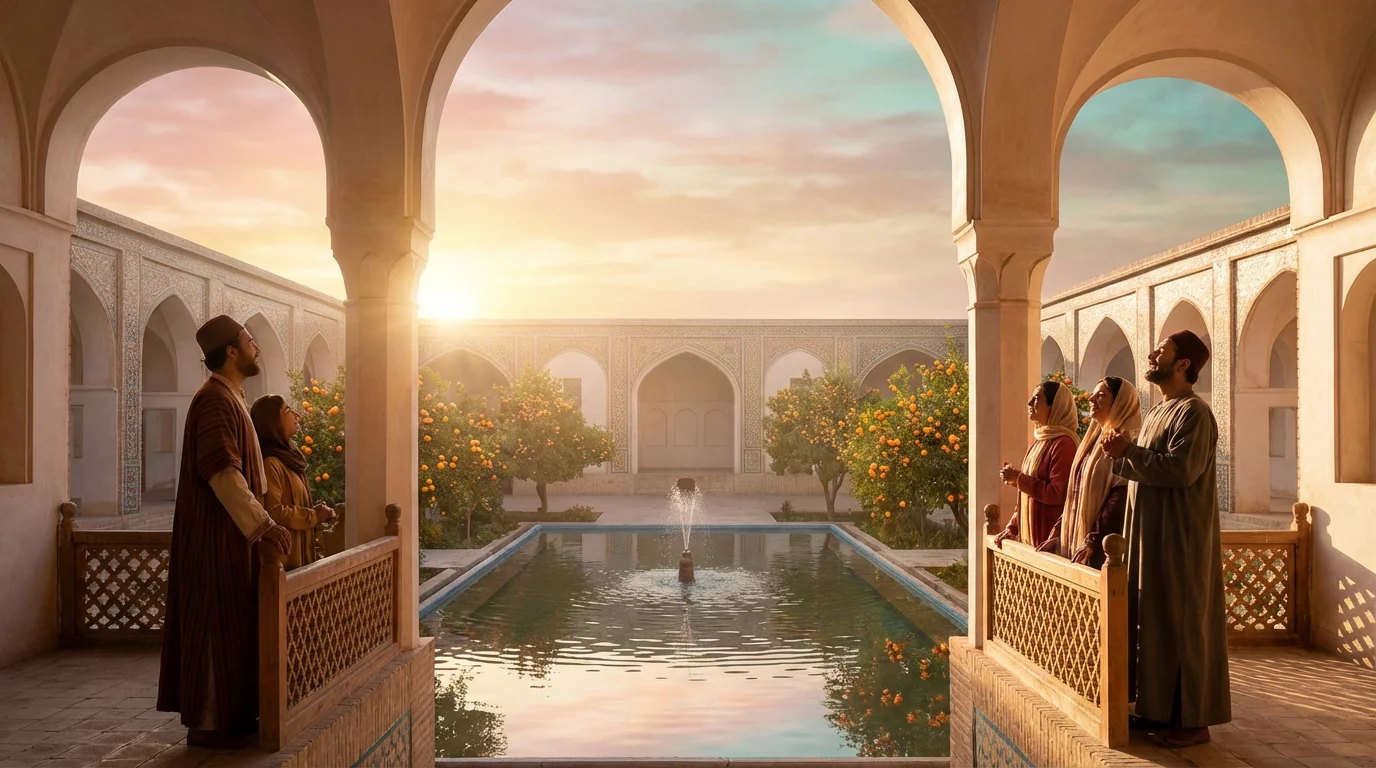 A quiet Persian palace courtyard at dawn, suggesting hidden courage and hope.