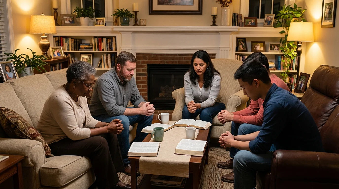A diverse small group shares prayer and conversation in a warm living room.