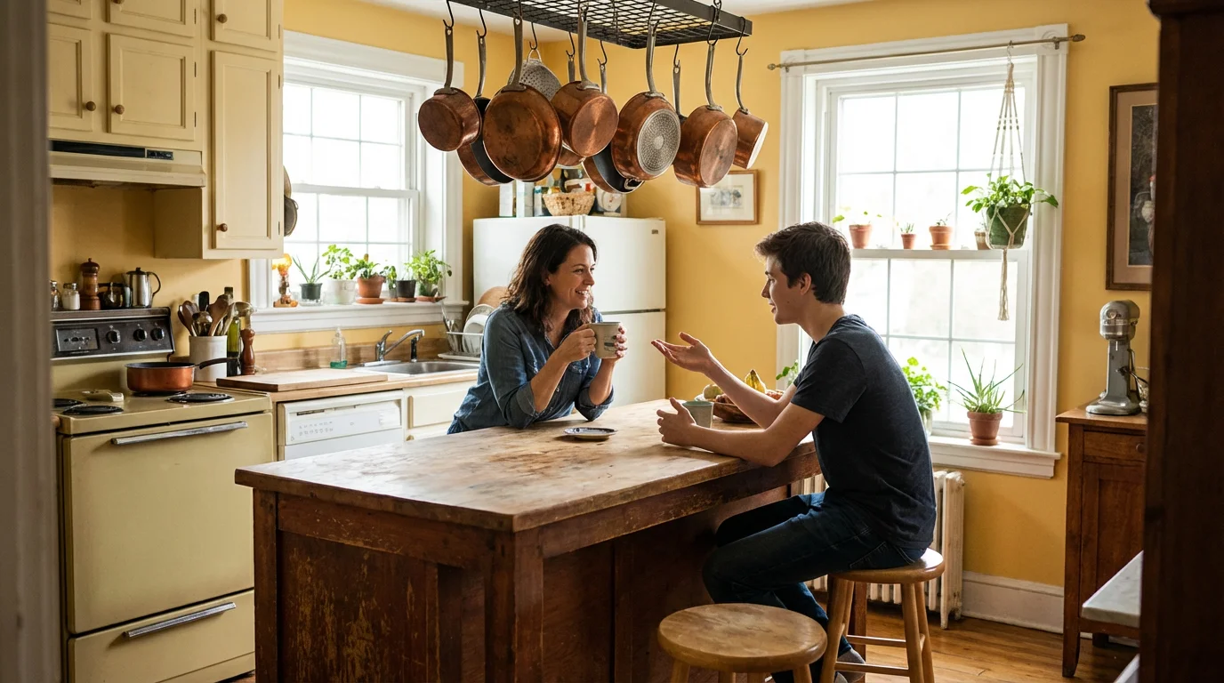 A parent and teenager share a calm conversation in a warm kitchen.