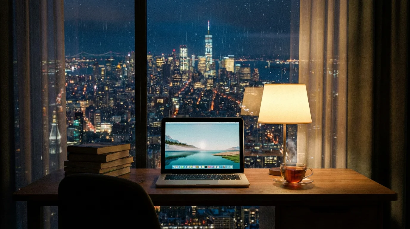 A calm office desk lit by a small lamp overlooking evening city lights.