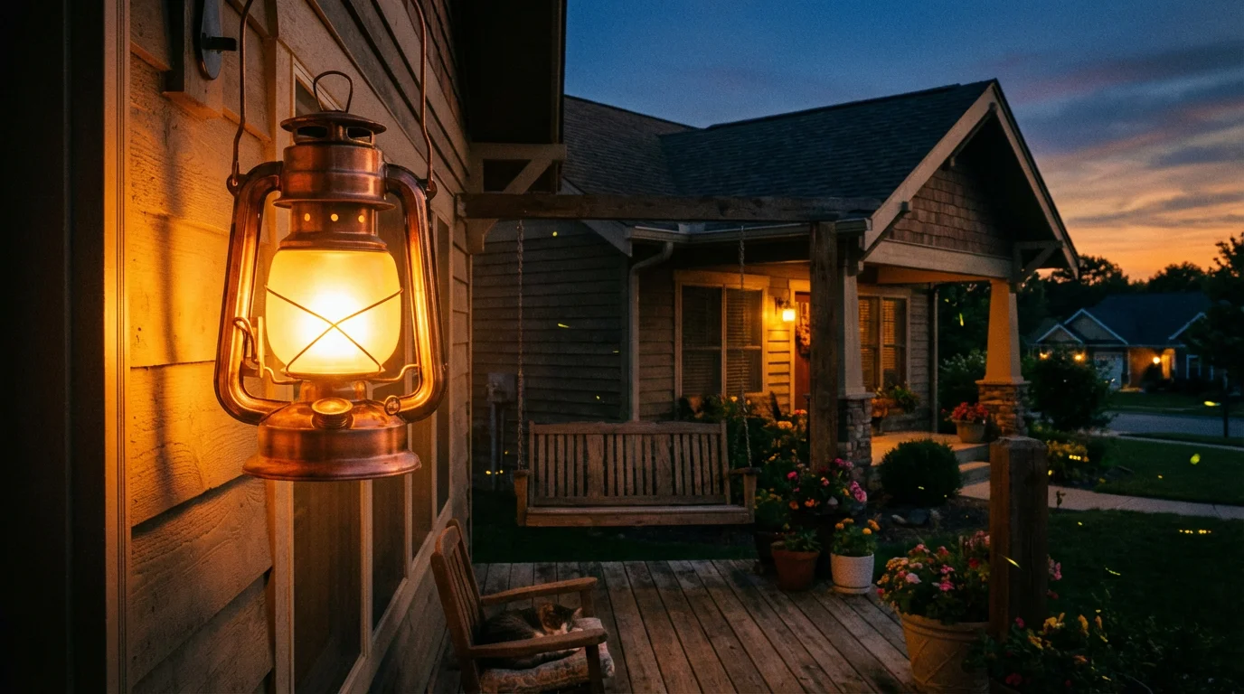 A warm porch light glows at dusk, suggesting a hopeful welcome home.