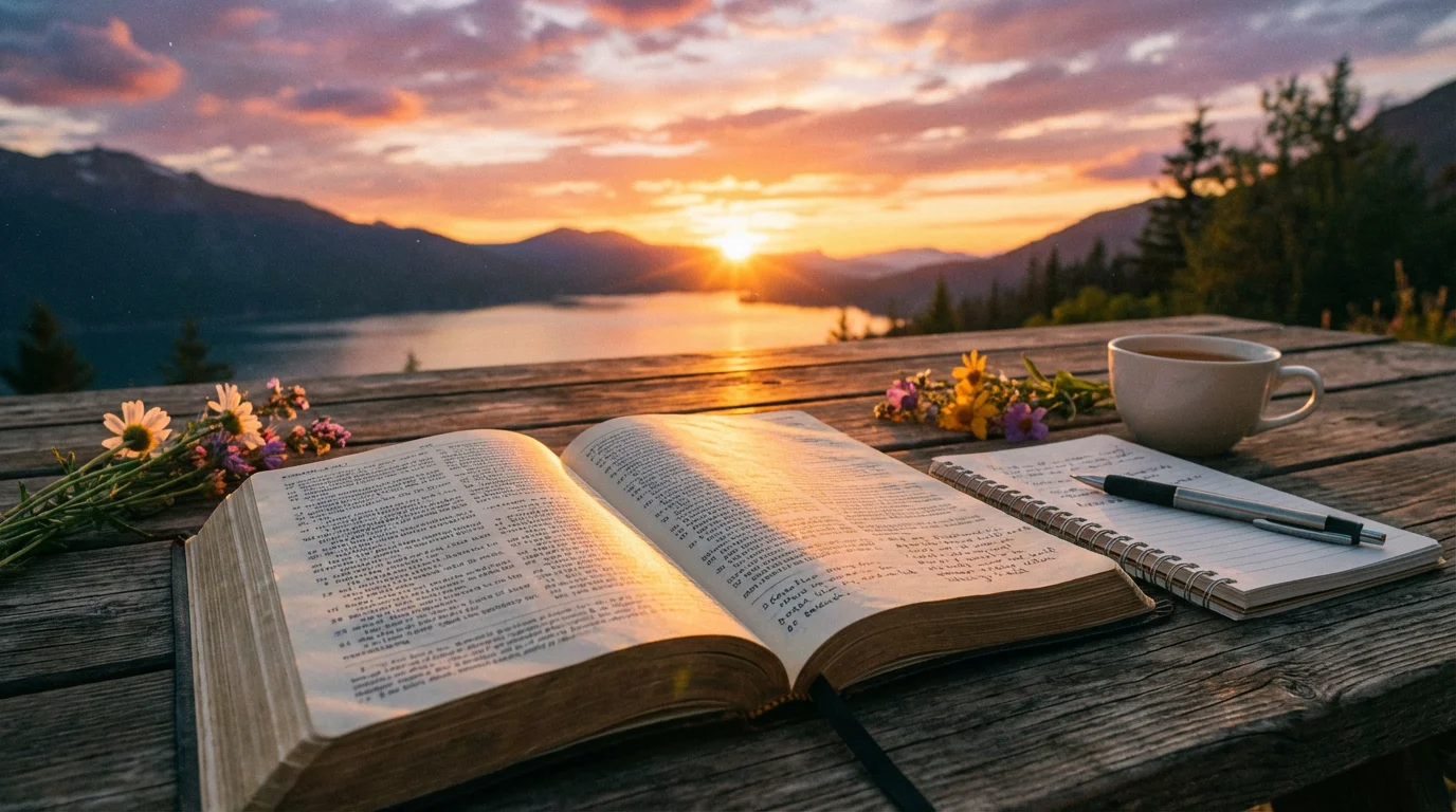 A calm evening scene with an open Bible and notebook ready for study.