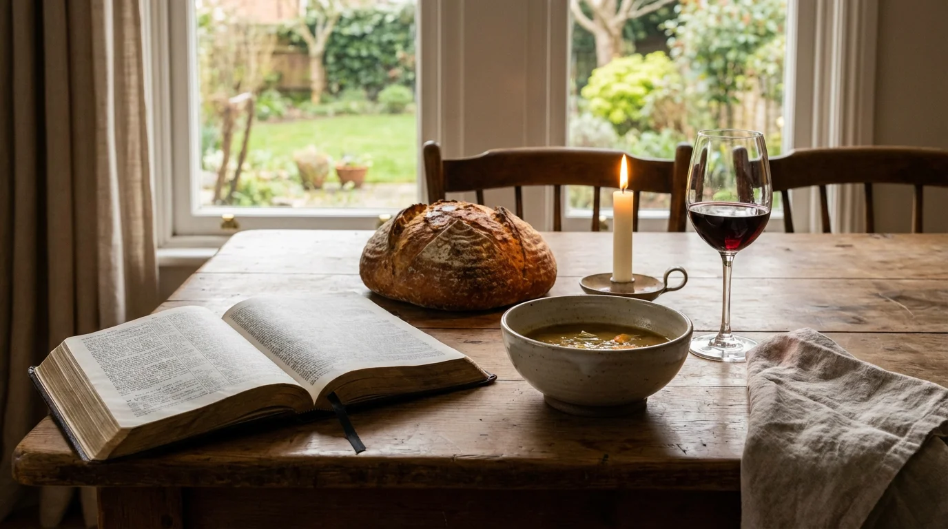 A peaceful dinner table with water, wine, bread, and an open Bible.