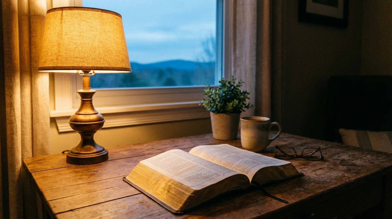 A peaceful evening corner with an open Bible and warm lamplight.