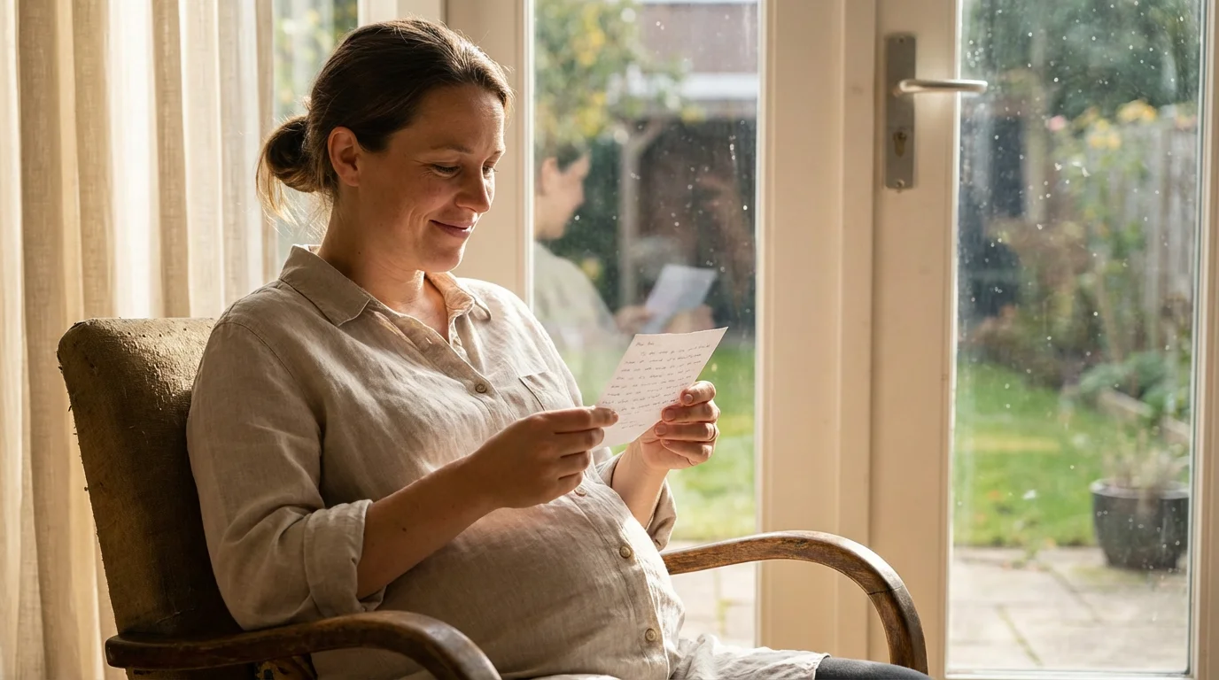 Expectant mother by a sunlit window holding a small note, calm and hopeful.