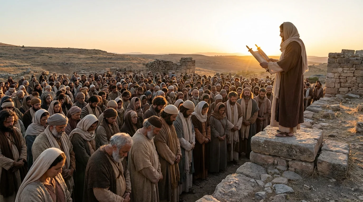 A reverent crowd listens as a scribe reads a scroll in early morning light.