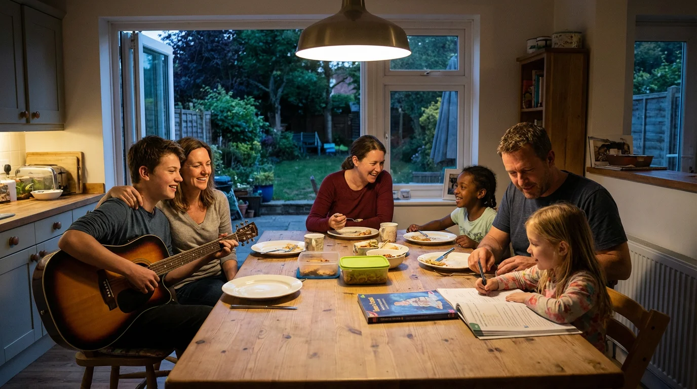 A blended family shares a calm moment around a kitchen table at dusk.