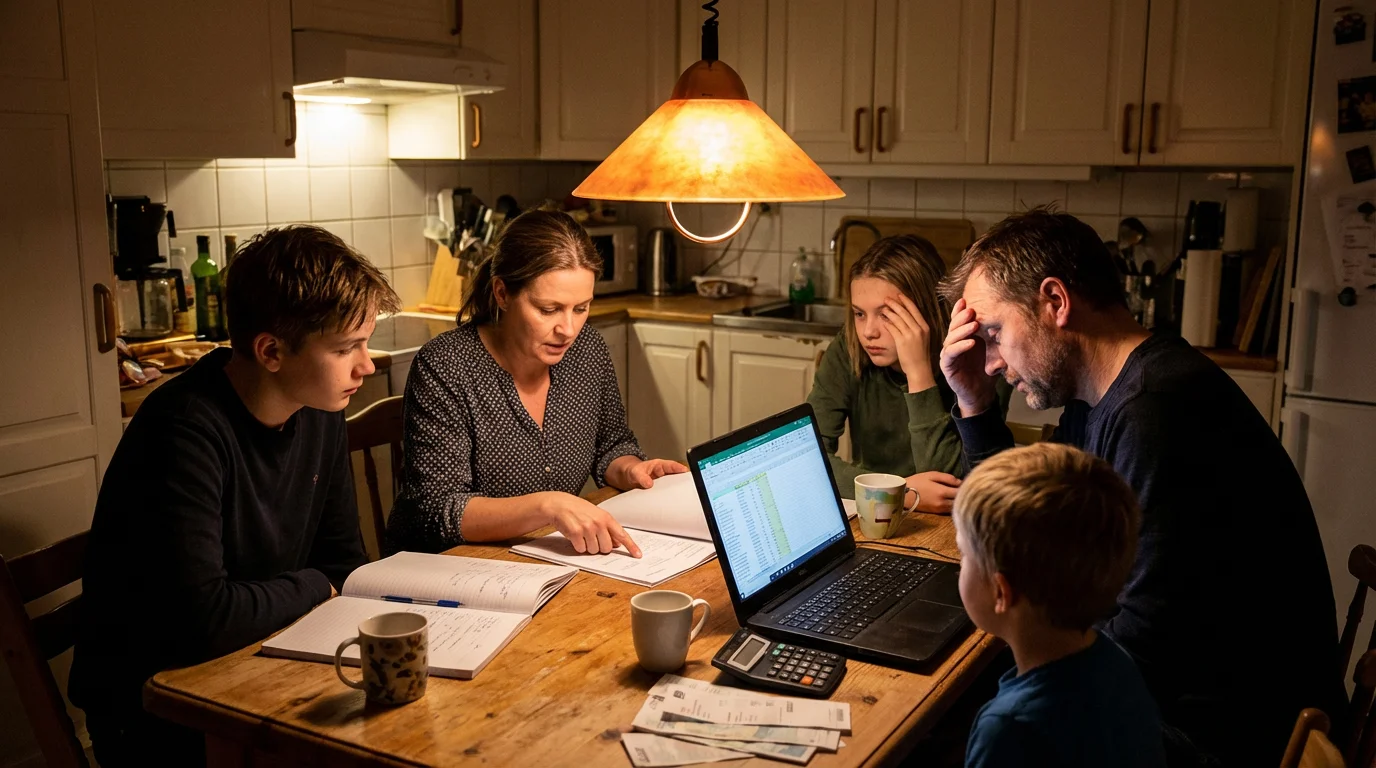A family sits together at a kitchen table calmly planning their budget.