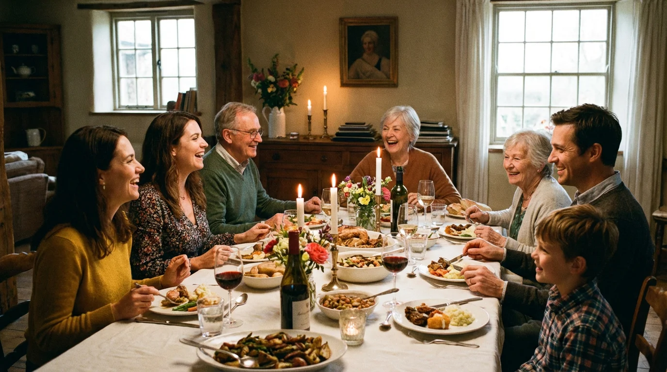 A family eats dinner together with devices set aside, enjoying conversation.