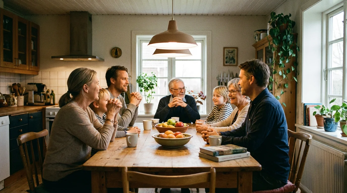 A family shares a calm, caring conversation at the kitchen table.
