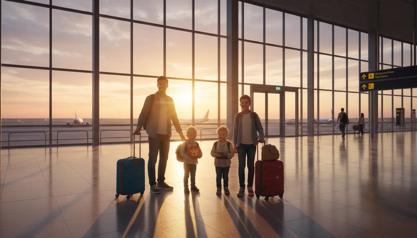 A family pauses with their luggage at sunrise outside an airport terminal.