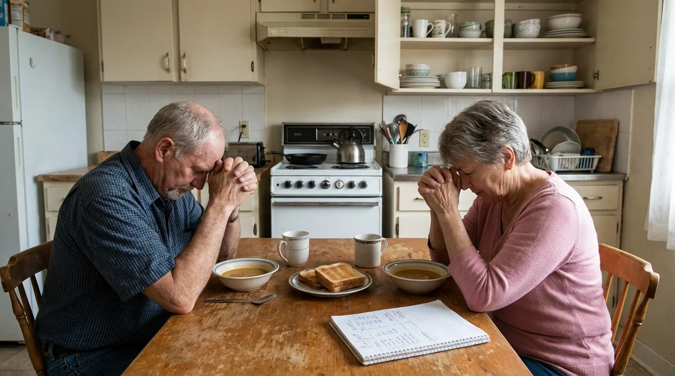 Couple praying over a simple budget at their kitchen table.