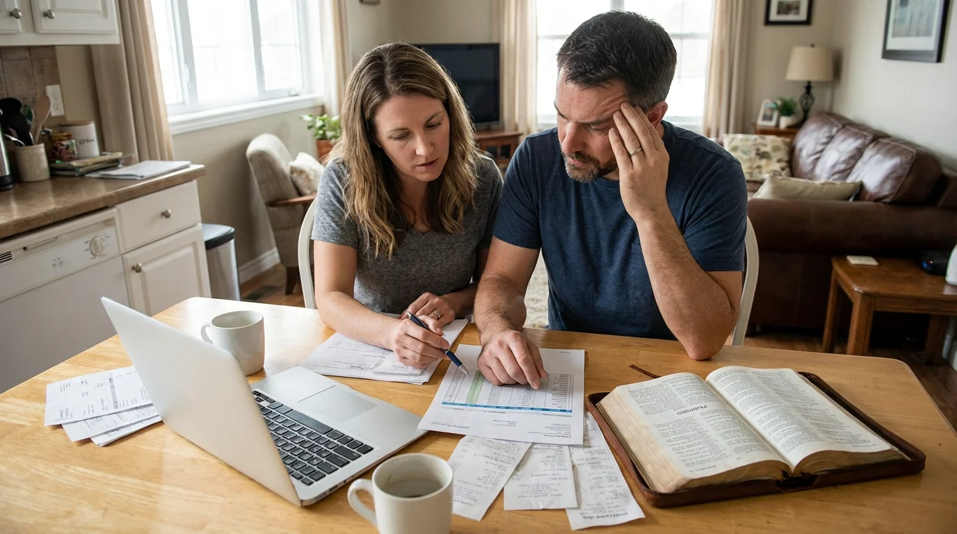 A couple calmly reviews a household budget beside an open Bible.