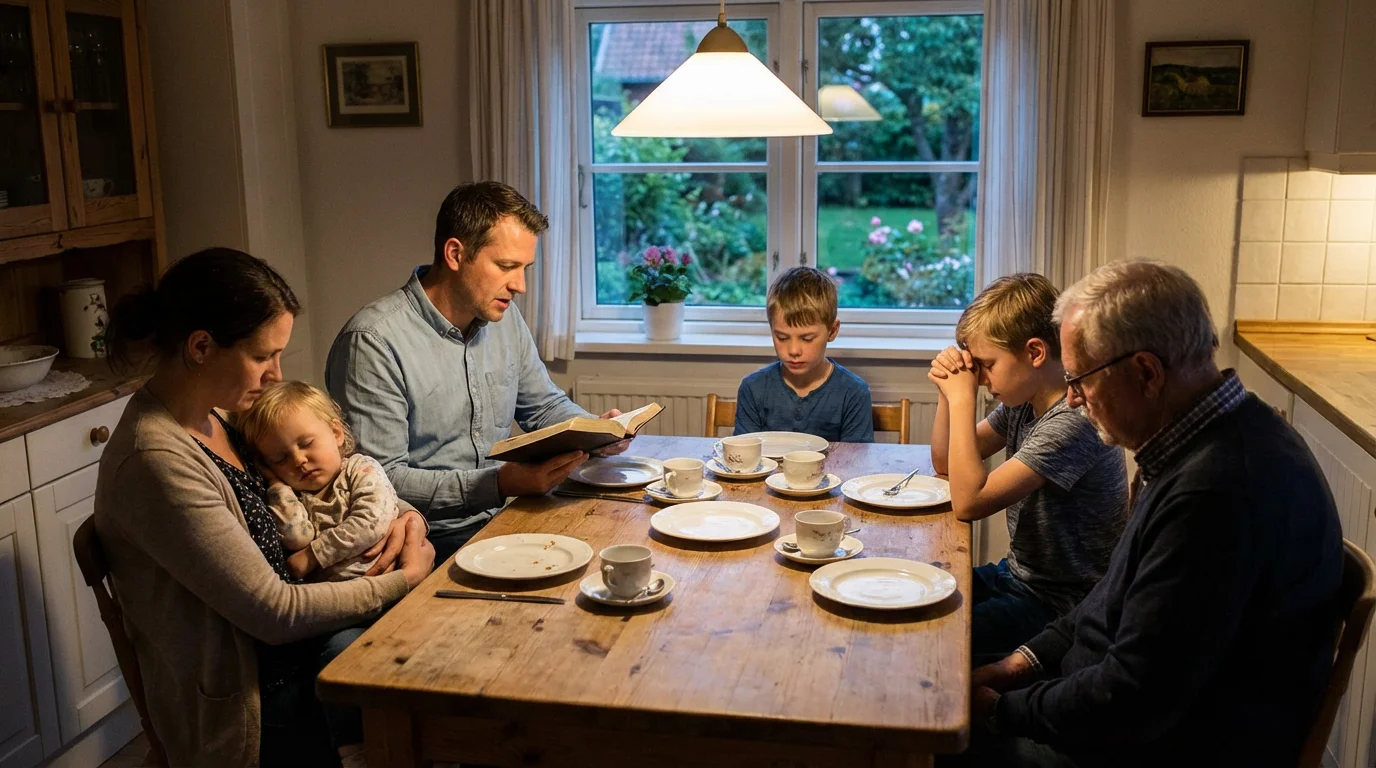 A family gathers around the kitchen table for a simple evening devotion.