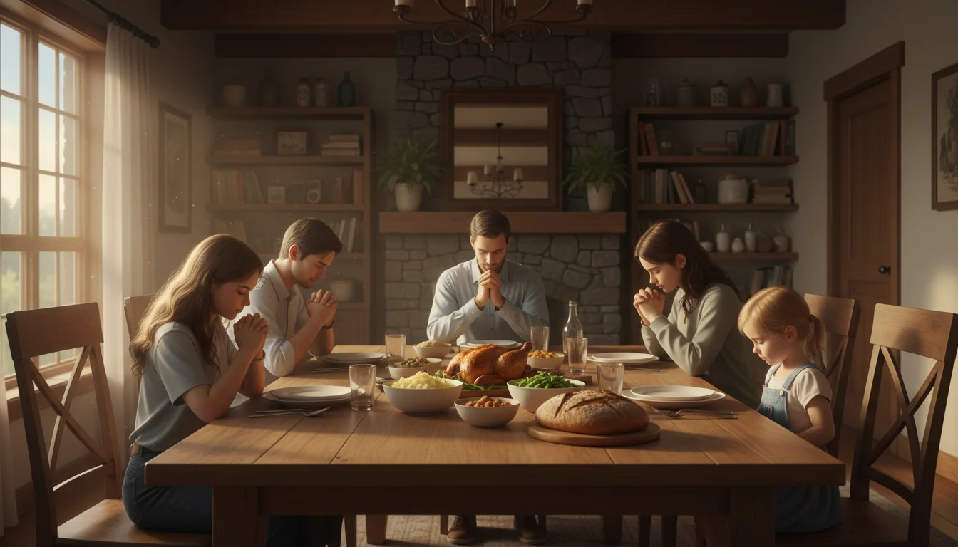 A family pauses to pray at dinner in warm evening light.
