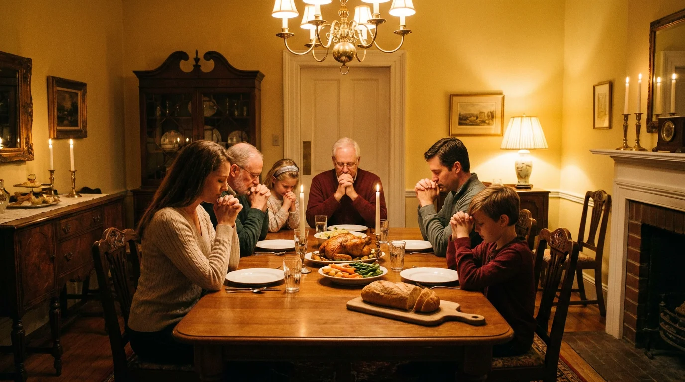 A family pauses at the dinner table for a brief, warm time of Scripture and prayer.