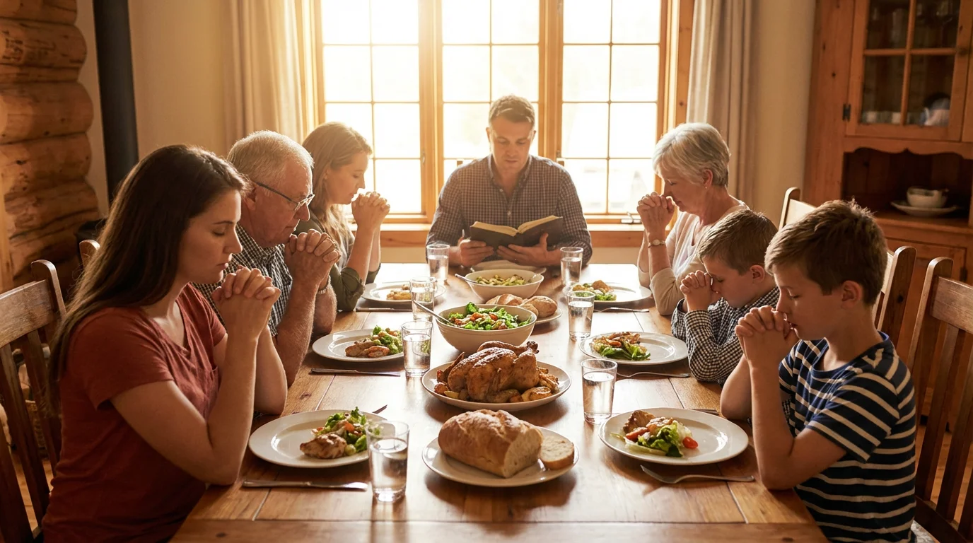 A family gathers around the dinner table for a short, peaceful devotion.
