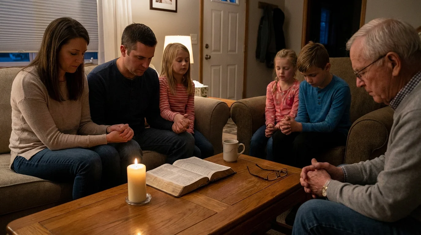 Family gathered around a table with an open Bible and candle during a gentle evening devotion.