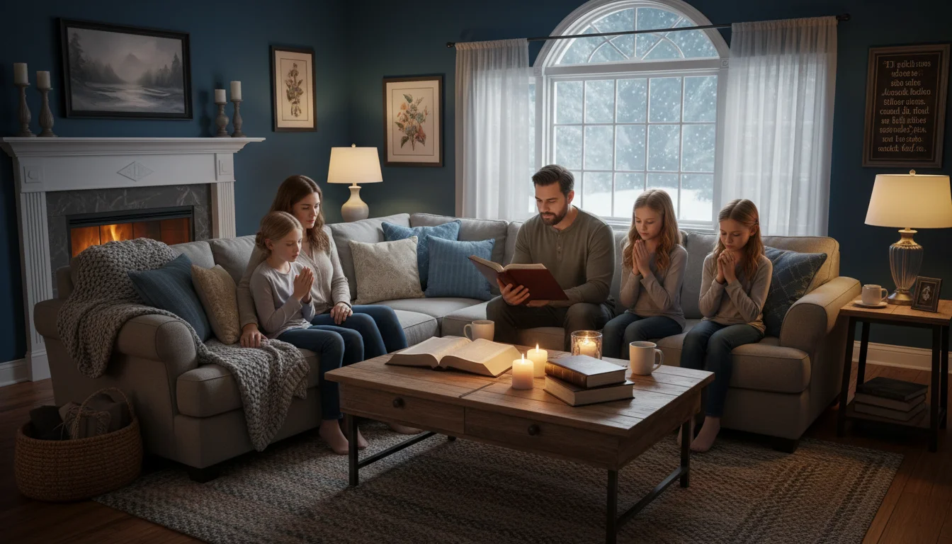 A family gathers in a cozy living room for a quiet time of Scripture and prayer.